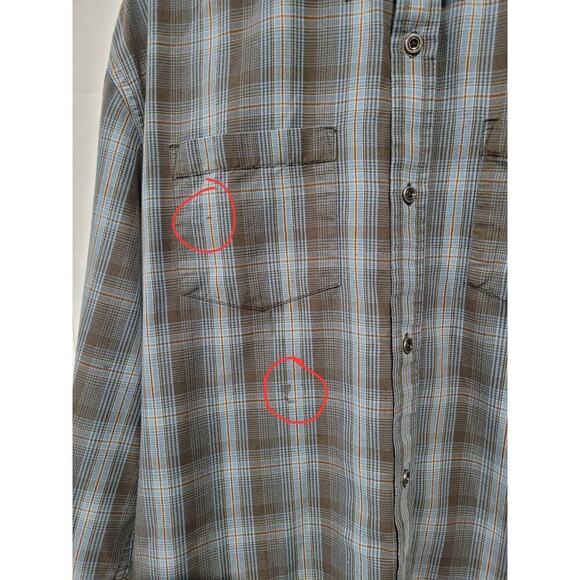 Prana Mens SZ XX Large Button Up Shirt FLAWED Plaid Brown Blue Long Sleeve - Picture 11 of 12